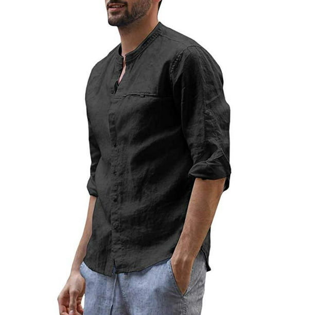 Rrive Mens Casual Long Sleeve Button Down Linen Stand Collar Shirts 